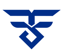 Blue logo on a white background
